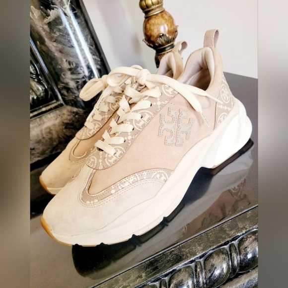Tory Burch Shoes - Tory Burch Goodluck T-Monogram Lace Up Sneakers 100% Leather Light Biege US 9.5